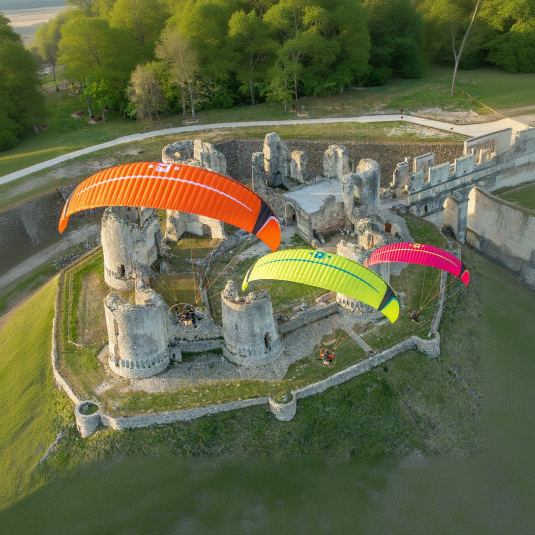 Three Dudek solo 2 paramotors flying over an old castle ruins.