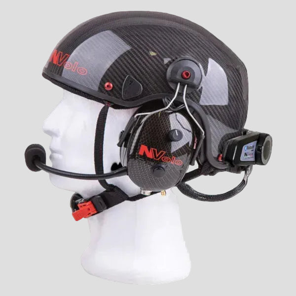 Helmet with communication headset on a mannequin head against a white background
