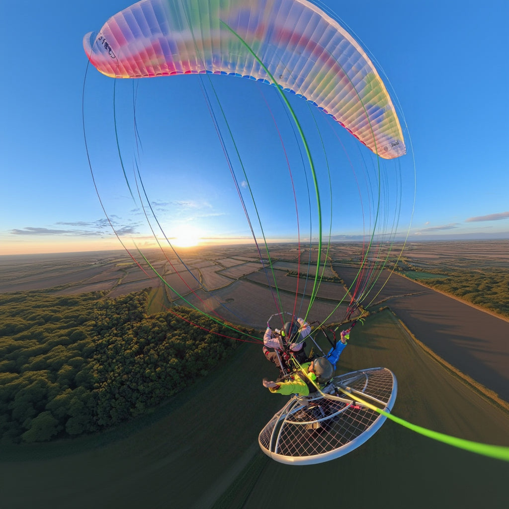 Paramotor tandem soaring high with a colorful parachute against a clear blue sky.