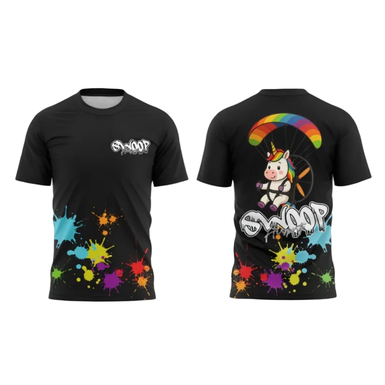 Black t-shirt with colorful splashes and 'Swoop Airsports' branding and unicorn
