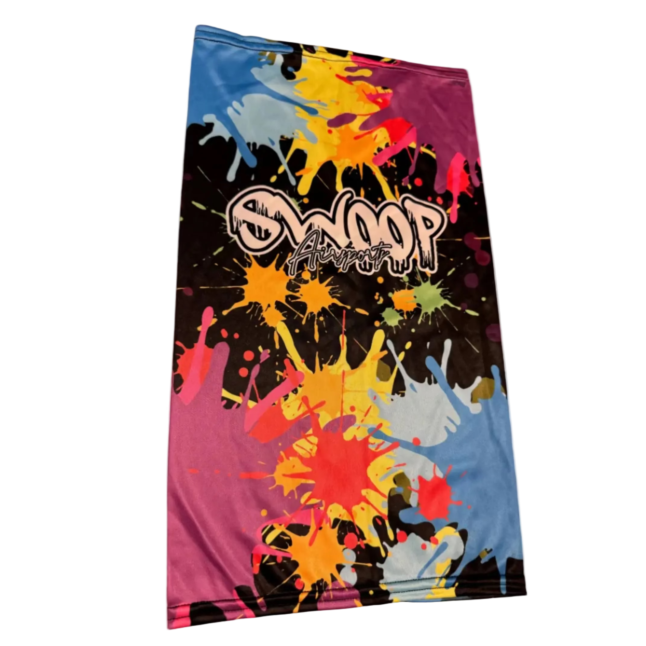 Colorful snood with splashes and 'Swoop airsports' branding on a wooden surface