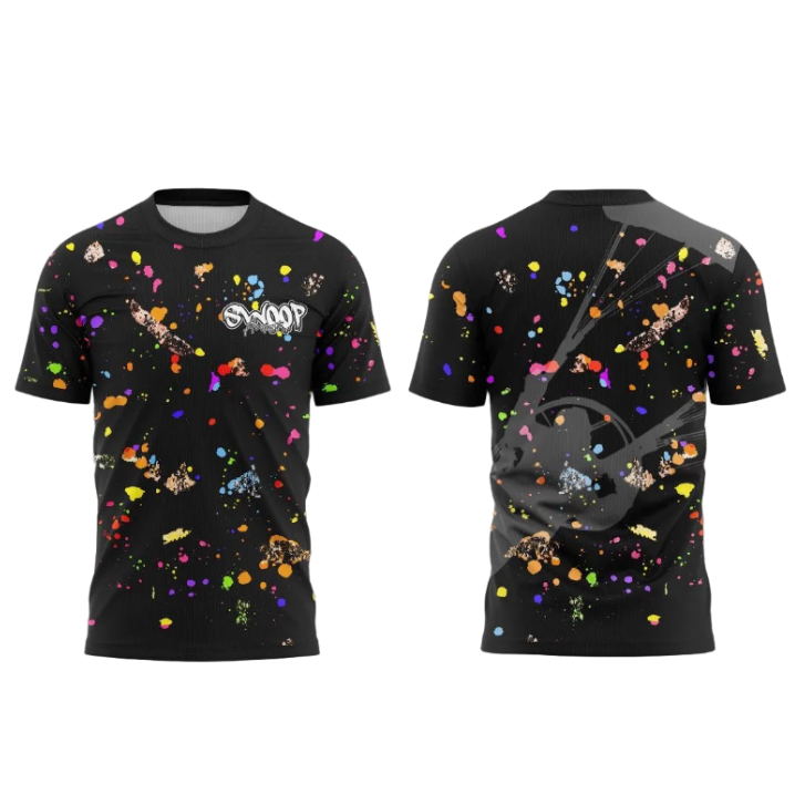 Swoop Airsports paramotor t-shirt with colorful abstract design and logo on a white background